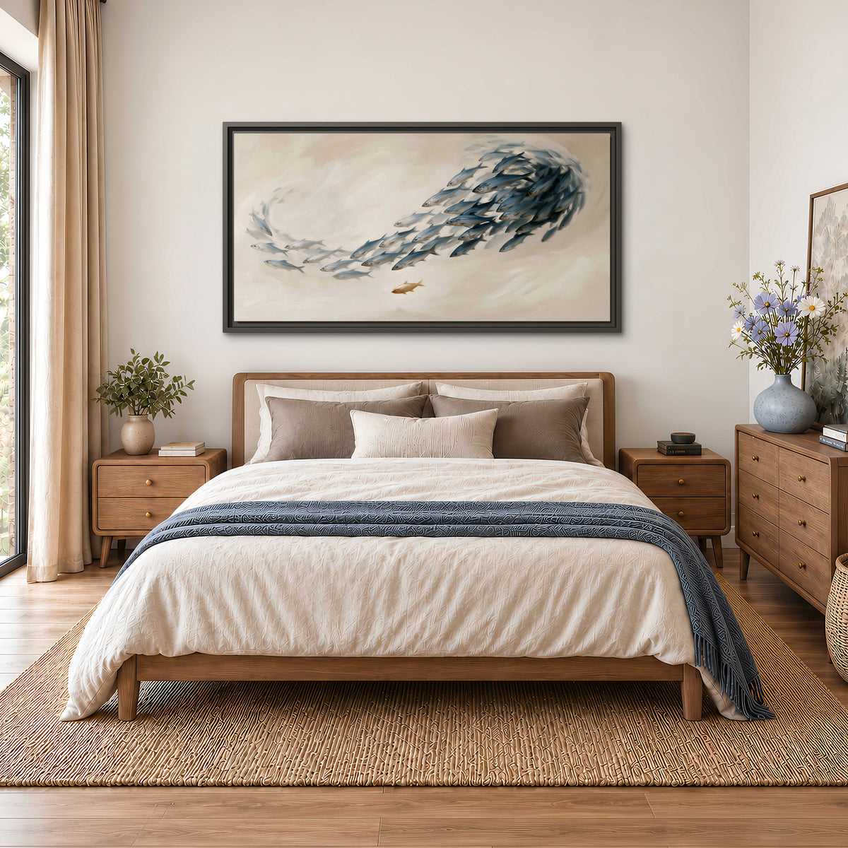 A sweeping school of small gray fish curving across a pale neutral background single framed canvas wall art styled in an interior