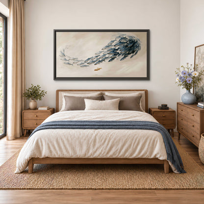 A sweeping school of small gray fish curving across a pale neutral background single framed canvas wall art styled in an interior