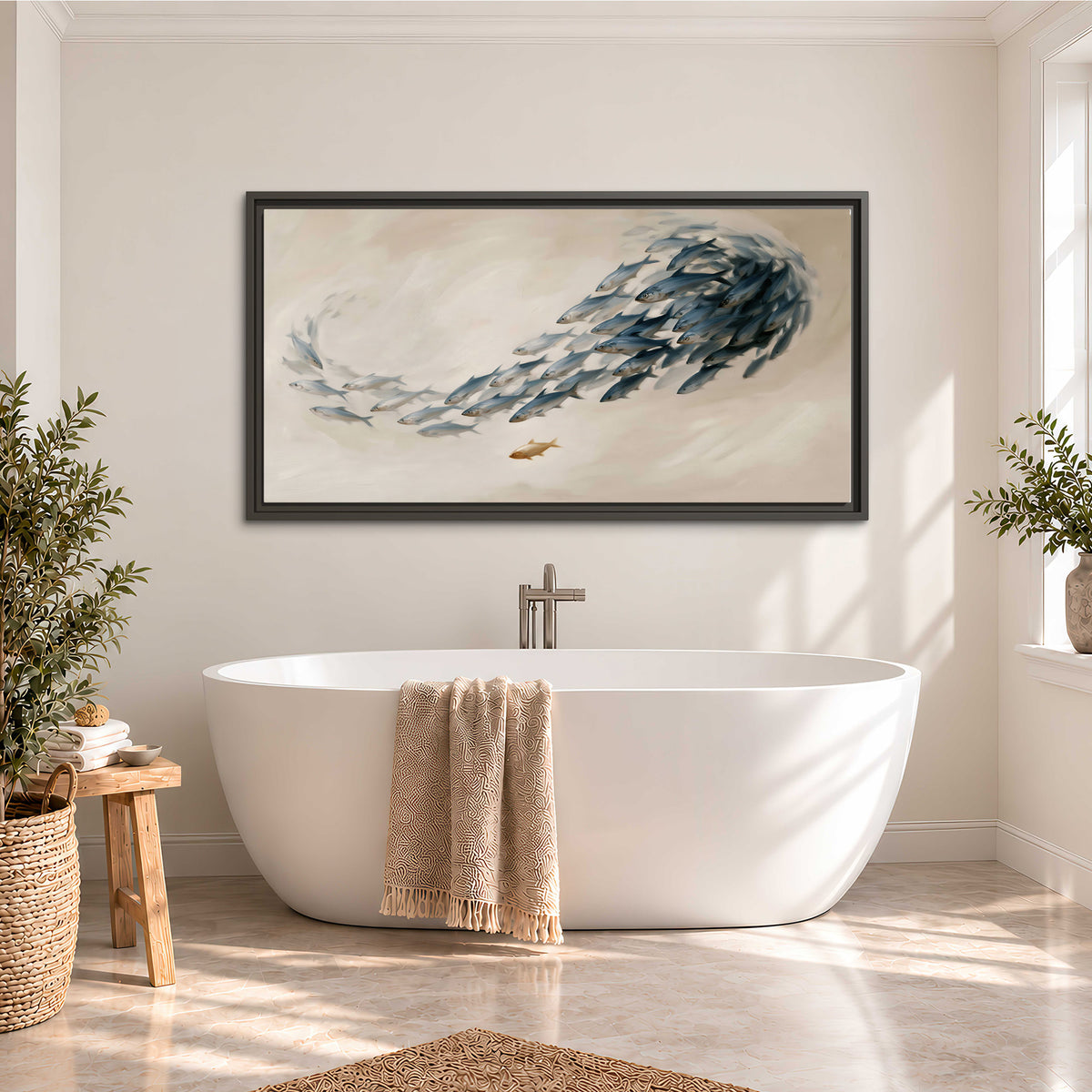 A sweeping school of small gray fish curving across a pale neutral background single framed canvas wall art styled in an interior