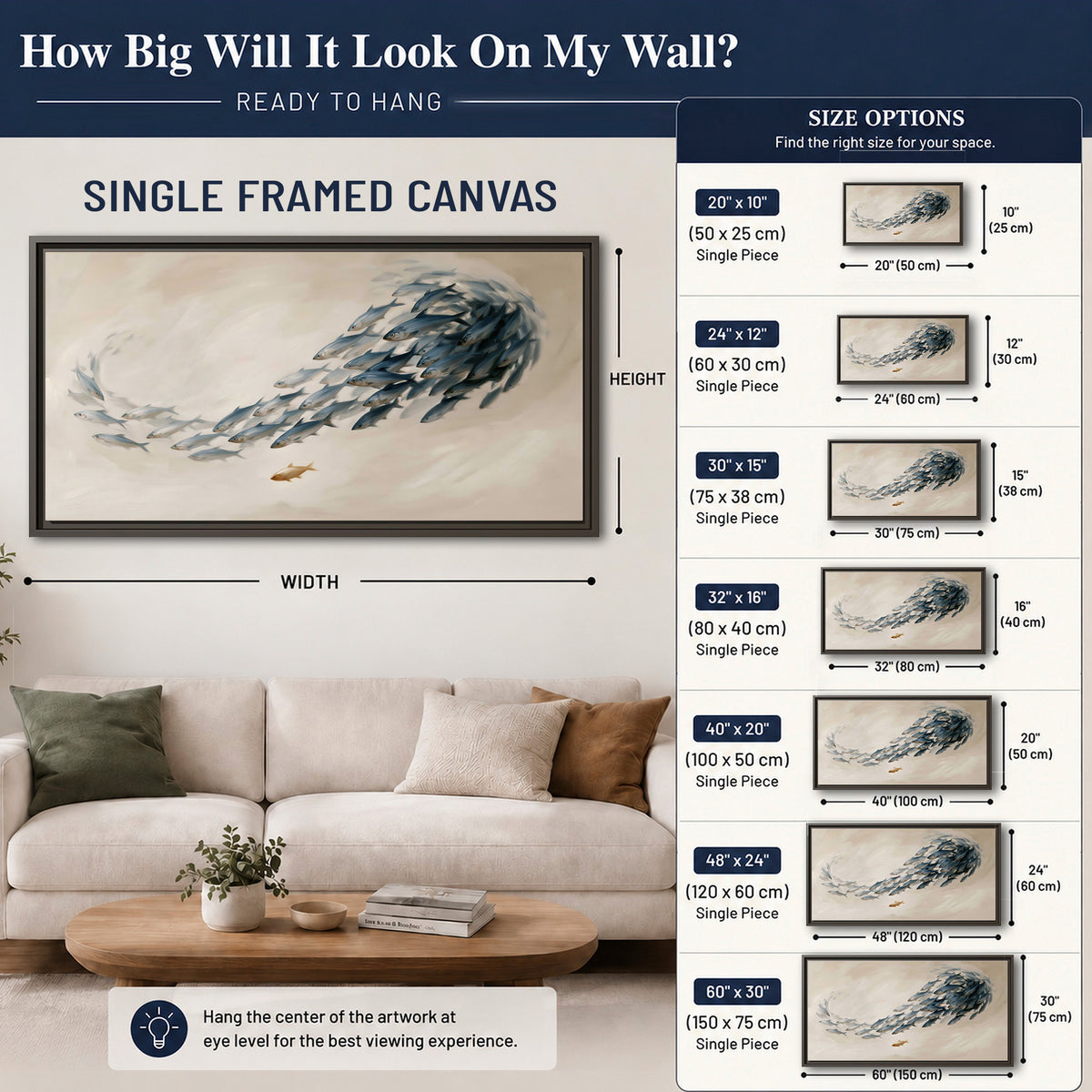 A sweeping school of small gray fish curving across a pale neutral background single framed canvas wall art size guide above a sofa; room view is illustrative