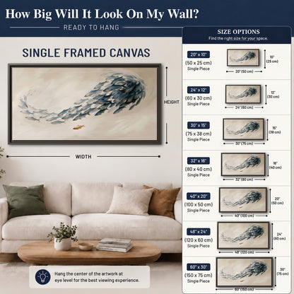 A sweeping school of small gray fish curving across a pale neutral background single framed canvas wall art size guide above a sofa; room view is illustrative