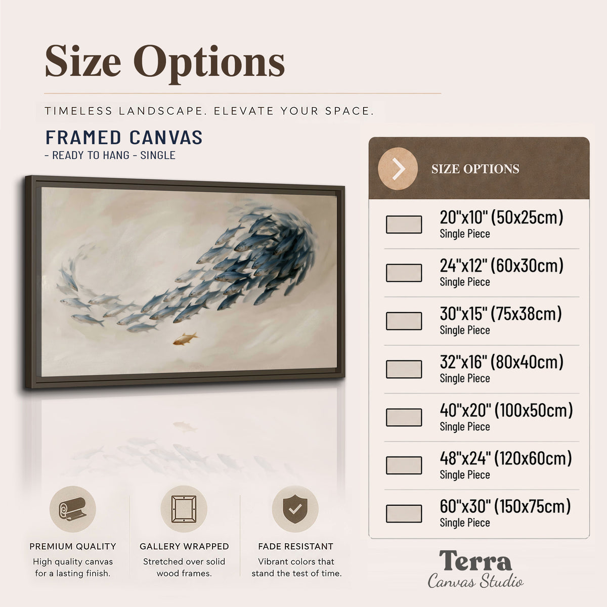 A sweeping school of small gray fish curving across a pale neutral background single framed canvas wall art available dimensions