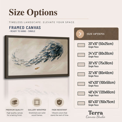 A sweeping school of small gray fish curving across a pale neutral background single framed canvas wall art available dimensions