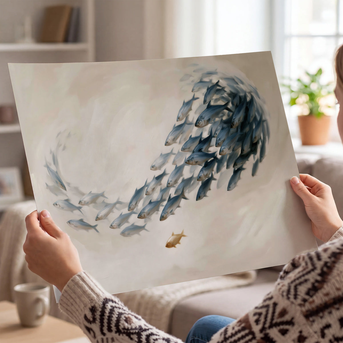A sweeping school of small gray fish curving across a pale neutral background single poster print held in hands