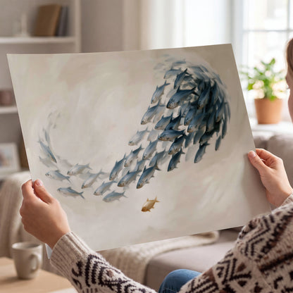 A sweeping school of small gray fish curving across a pale neutral background single poster print held in hands
