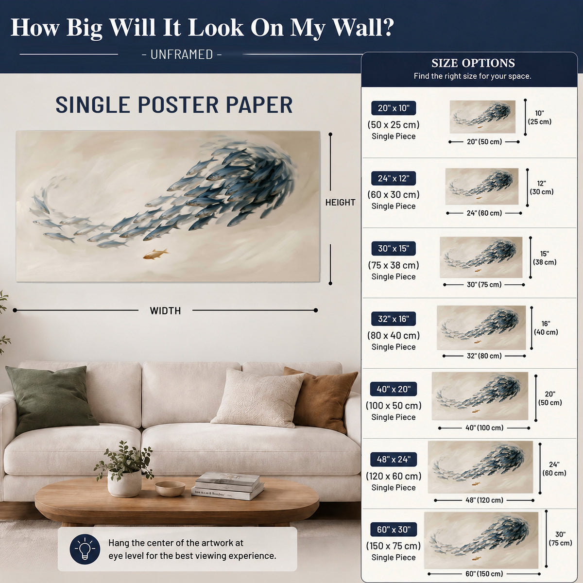 A sweeping school of small gray fish curving across a pale neutral background single poster print size guide above a sofa; room view is illustrative