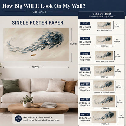 A sweeping school of small gray fish curving across a pale neutral background single poster print size guide above a sofa; room view is illustrative