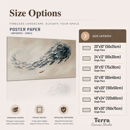 A sweeping school of small gray fish curving across a pale neutral background single poster print available dimensions