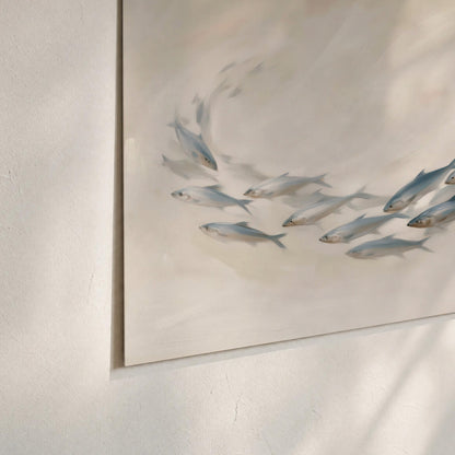 A sweeping school of small gray fish curving across a pale neutral background set of 3 poster prints material and edge close up