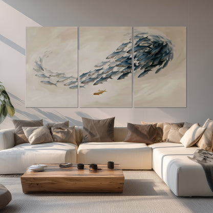 A sweeping school of small gray fish curving across a pale neutral background set of 3 poster prints displayed in a living room