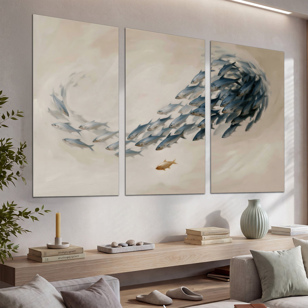 A sweeping school of small gray fish curving across a pale neutral background set of 3 poster prints displayed in a console