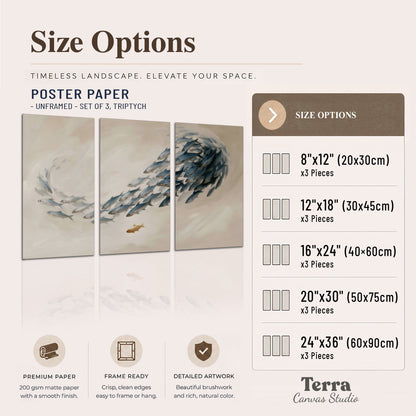A sweeping school of small gray fish curving across a pale neutral background set of 3 poster prints available dimensions; triptych dimensions are per panel