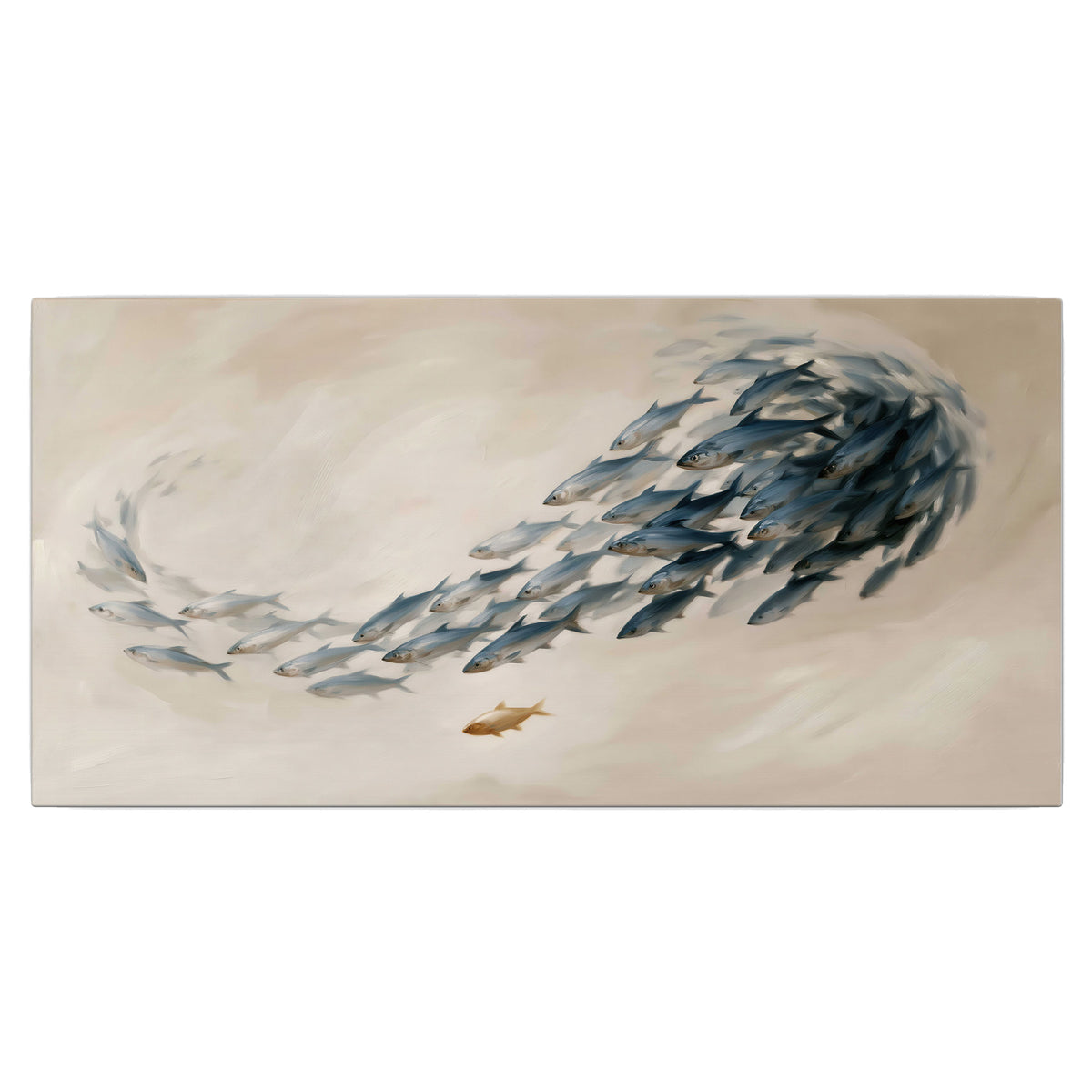 A sweeping school of small gray fish curving across a pale neutral background single canvas wall art viewed straight on