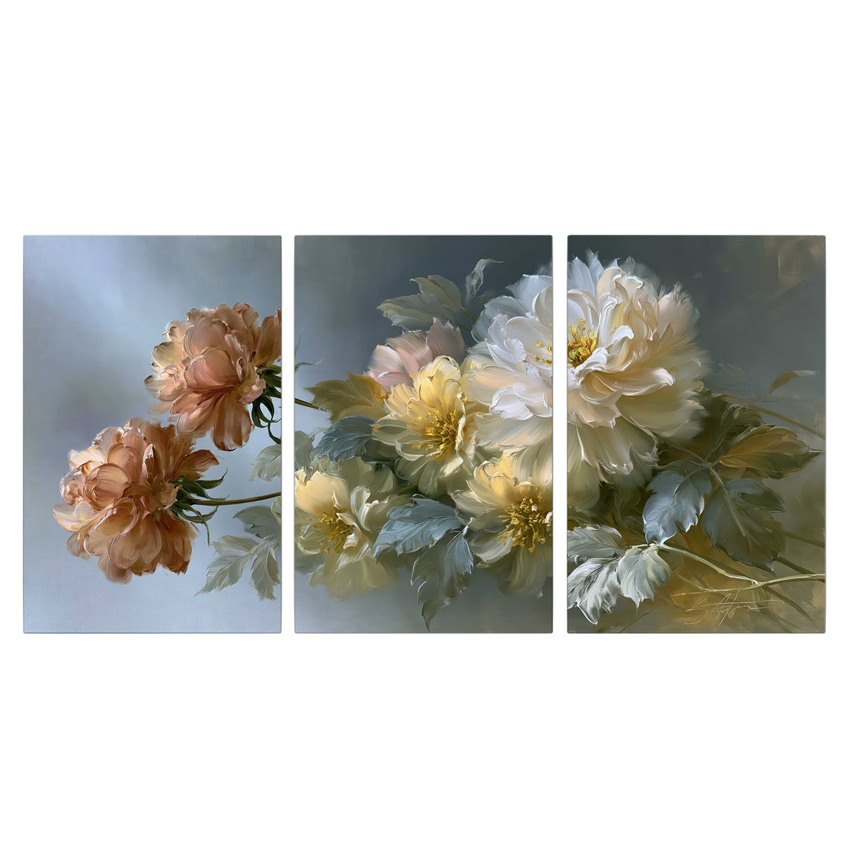 Cream, blush and rust-colored garden flowers gathered against a muted blue-gray background 3 piece canvas wall art viewed straight on