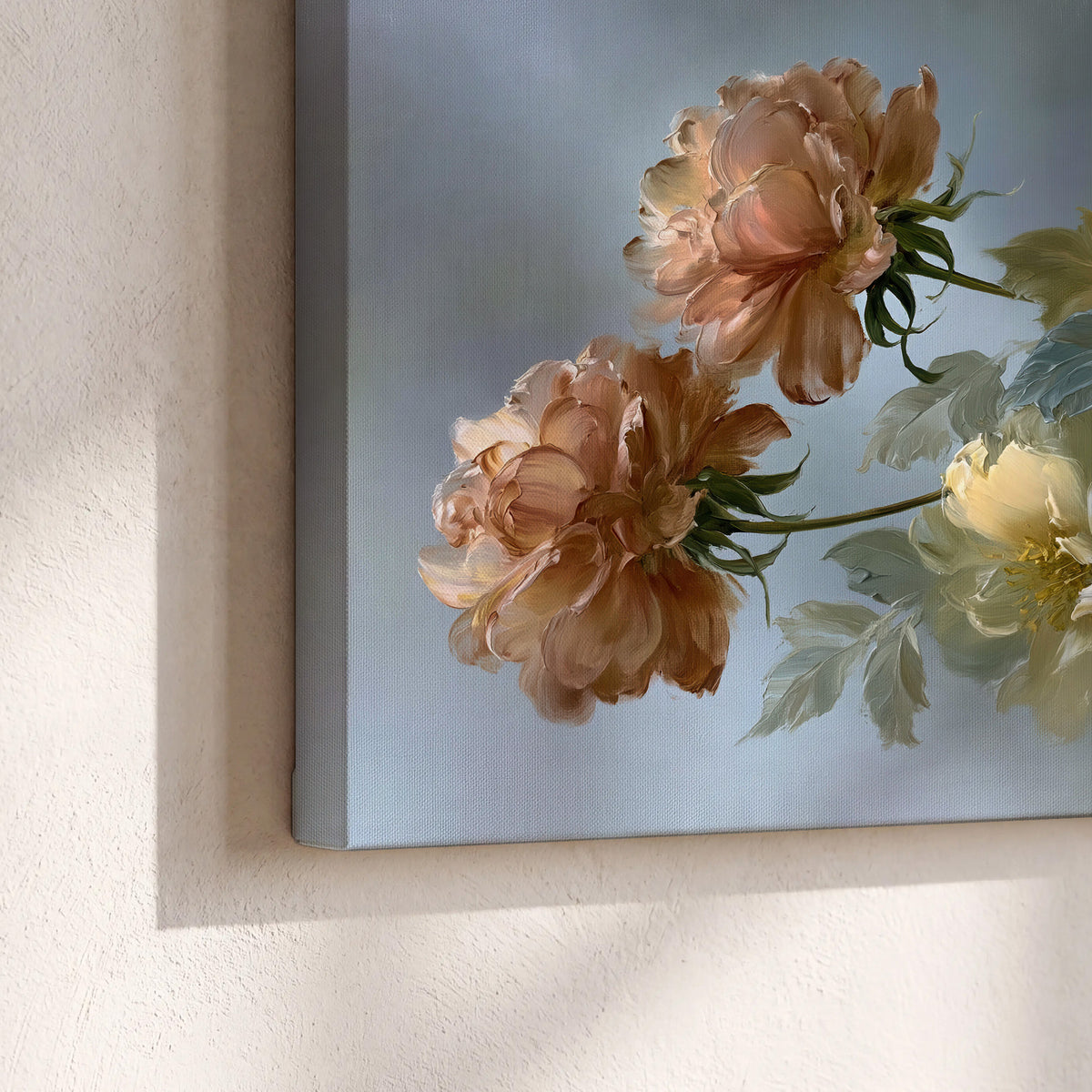Cream, blush and rust-colored garden flowers gathered against a muted blue-gray background 3 piece canvas wall art material and edge close up