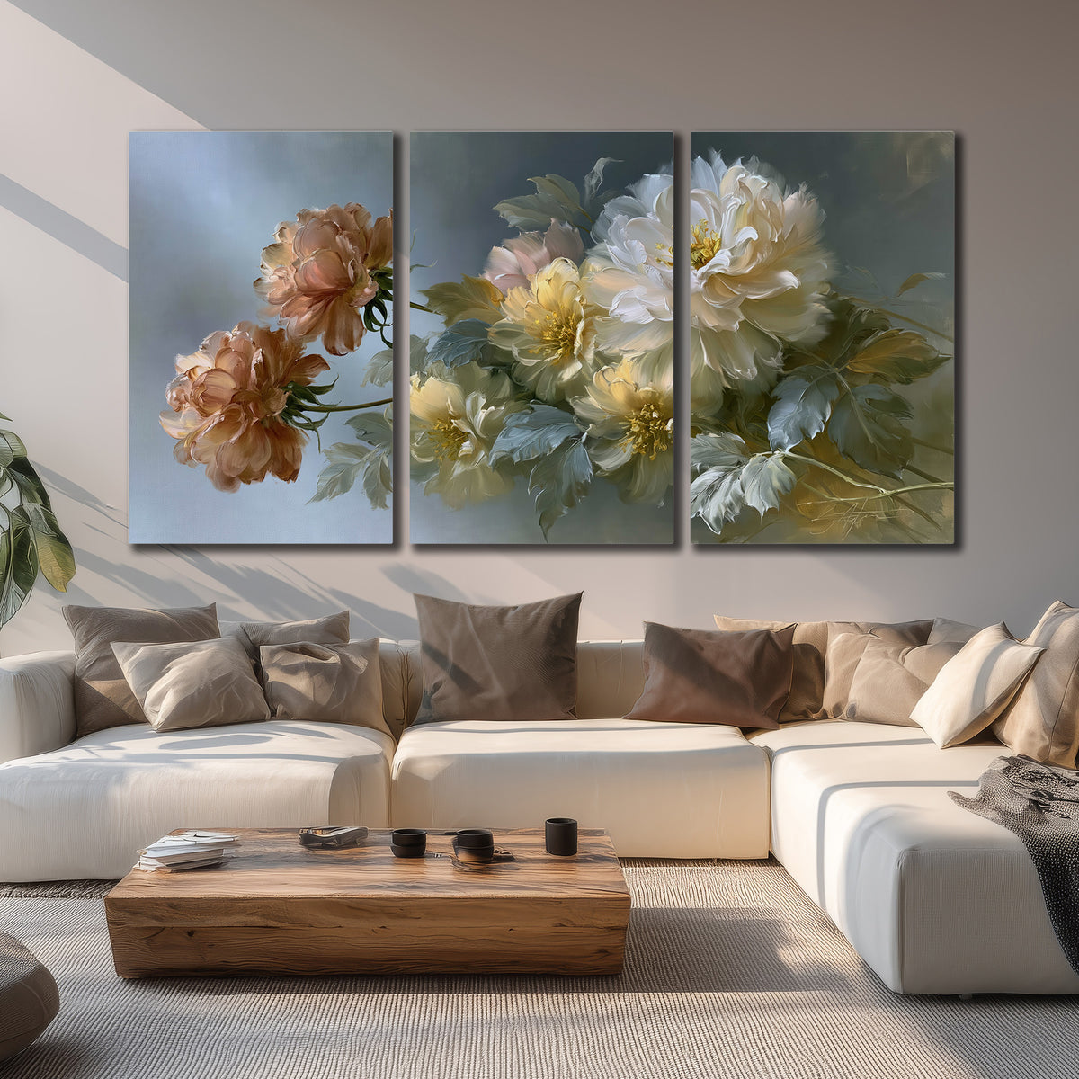 Cream, blush and rust-colored garden flowers gathered against a muted blue-gray background 3 piece canvas wall art displayed in a living room