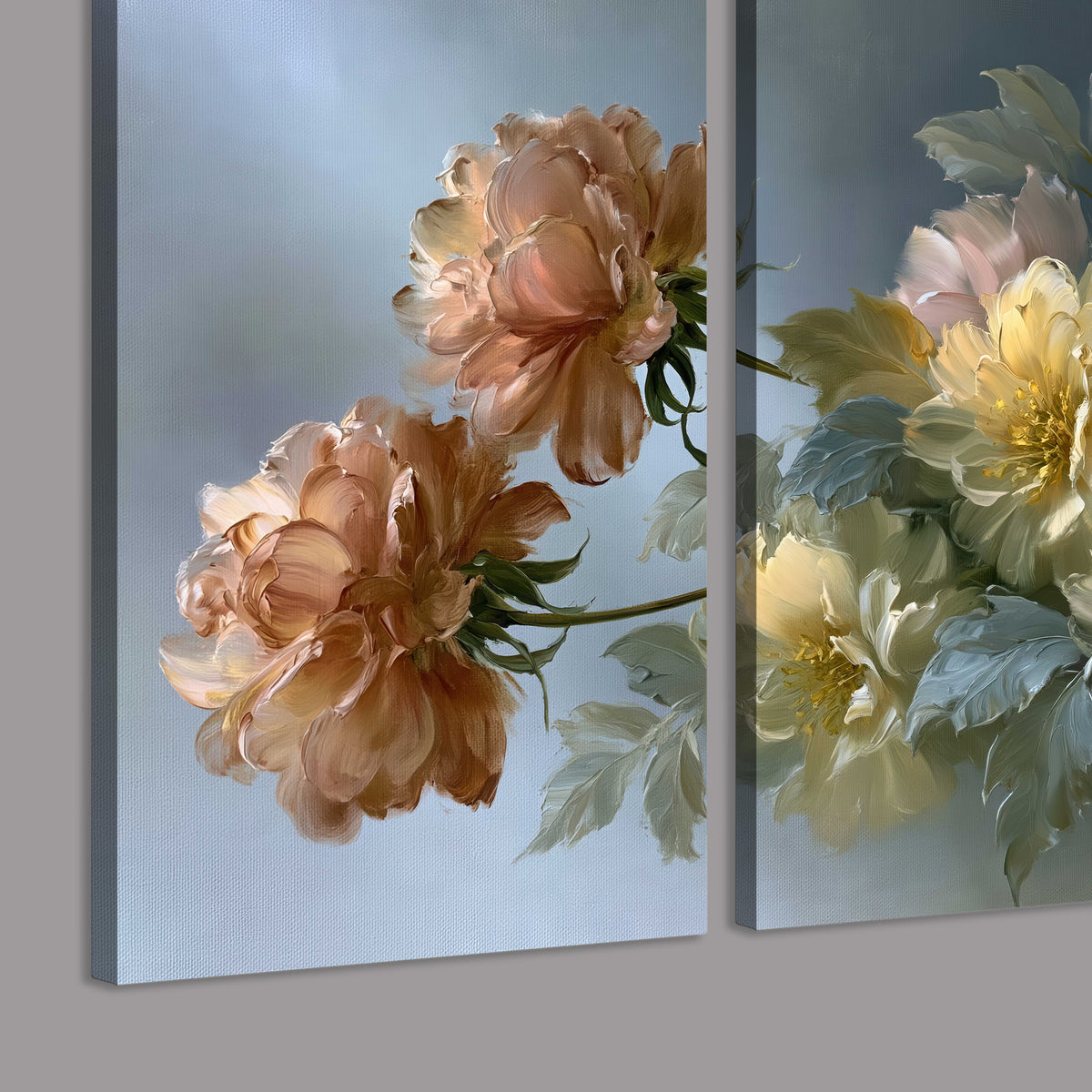Cream, blush and rust-colored garden flowers gathered against a muted blue-gray background 3 piece canvas wall art room and product view