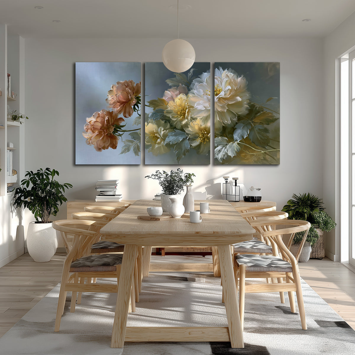 Cream, blush and rust-colored garden flowers gathered against a muted blue-gray background 3 piece canvas wall art room and product view