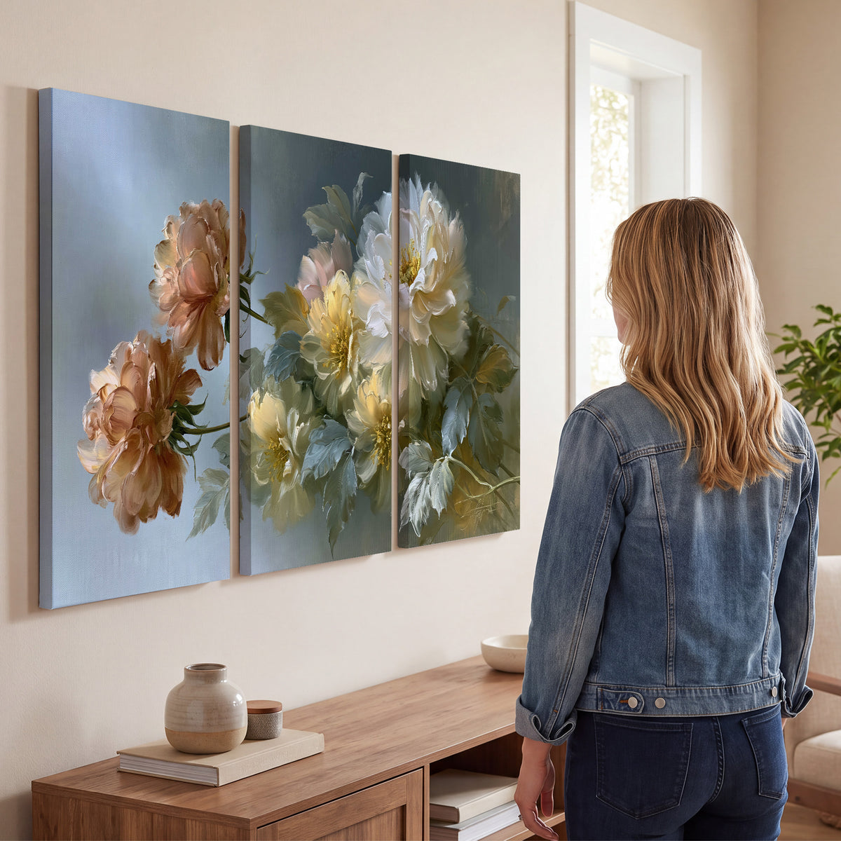Cream, blush and rust-colored garden flowers gathered against a muted blue-gray background 3 piece canvas wall art three panel arrangement on a wall
