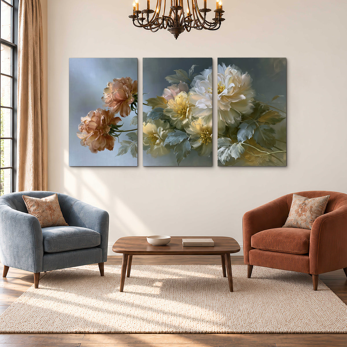 Cream, blush and rust-colored garden flowers gathered against a muted blue-gray background 3 piece canvas wall art styled in an interior