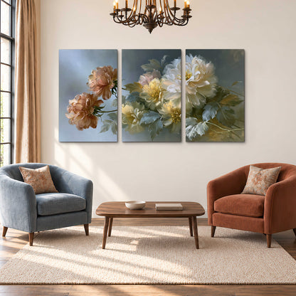 Cream, blush and rust-colored garden flowers gathered against a muted blue-gray background 3 piece canvas wall art styled in an interior