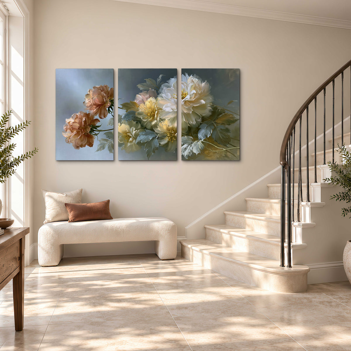 Cream, blush and rust-colored garden flowers gathered against a muted blue-gray background 3 piece canvas wall art styled in an interior