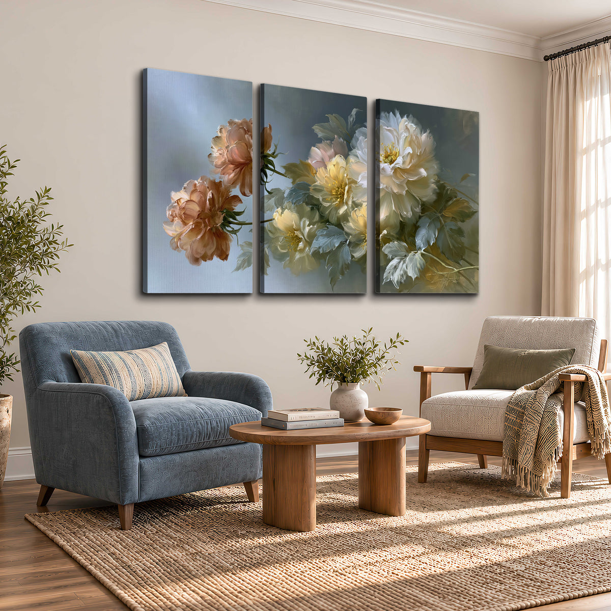 Cream, blush and rust-colored garden flowers gathered against a muted blue-gray background 3 piece canvas wall art styled in an interior