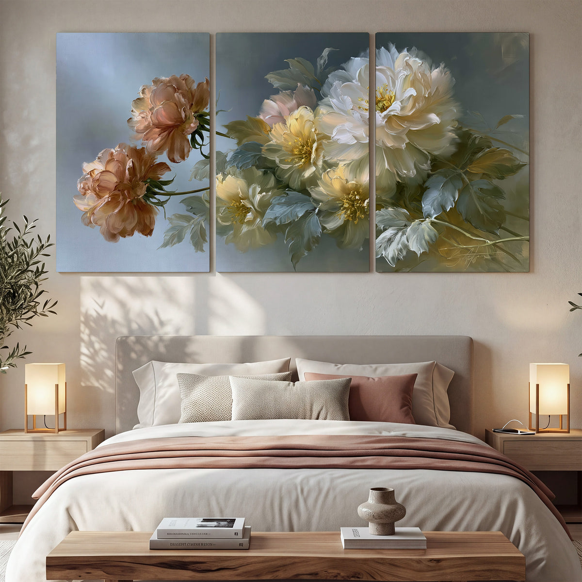 Cream, blush and rust-colored garden flowers gathered against a muted blue-gray background 3 piece canvas wall art displayed in a bedroom