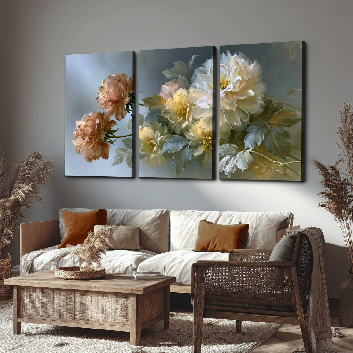 Cream, blush and rust-colored garden flowers gathered against a muted blue-gray background 3 piece canvas wall art displayed in a rustic living room
