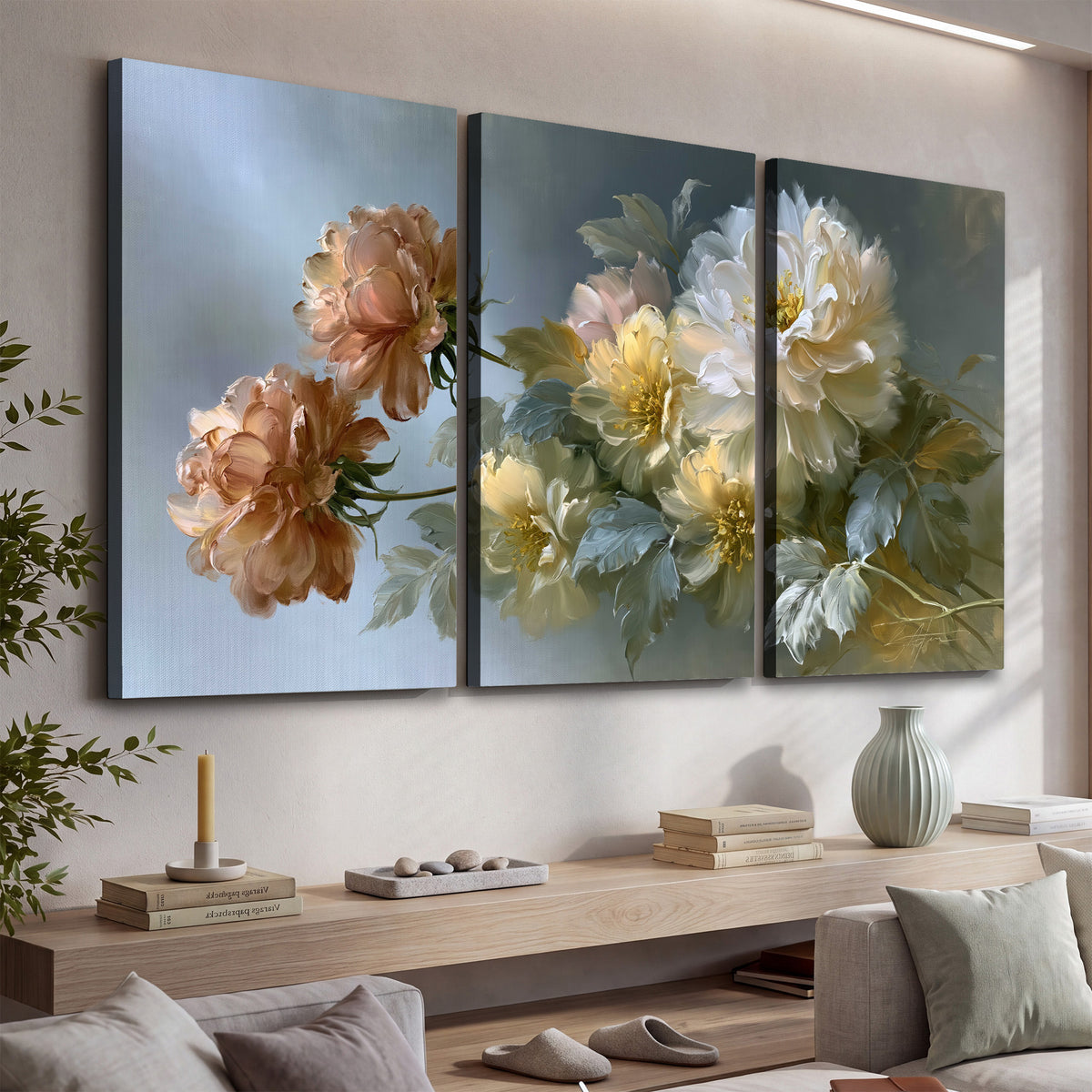 Cream, blush and rust-colored garden flowers gathered against a muted blue-gray background 3 piece canvas wall art displayed in a console