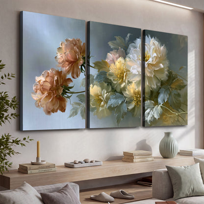 Cream, blush and rust-colored garden flowers gathered against a muted blue-gray background 3 piece canvas wall art displayed in a console