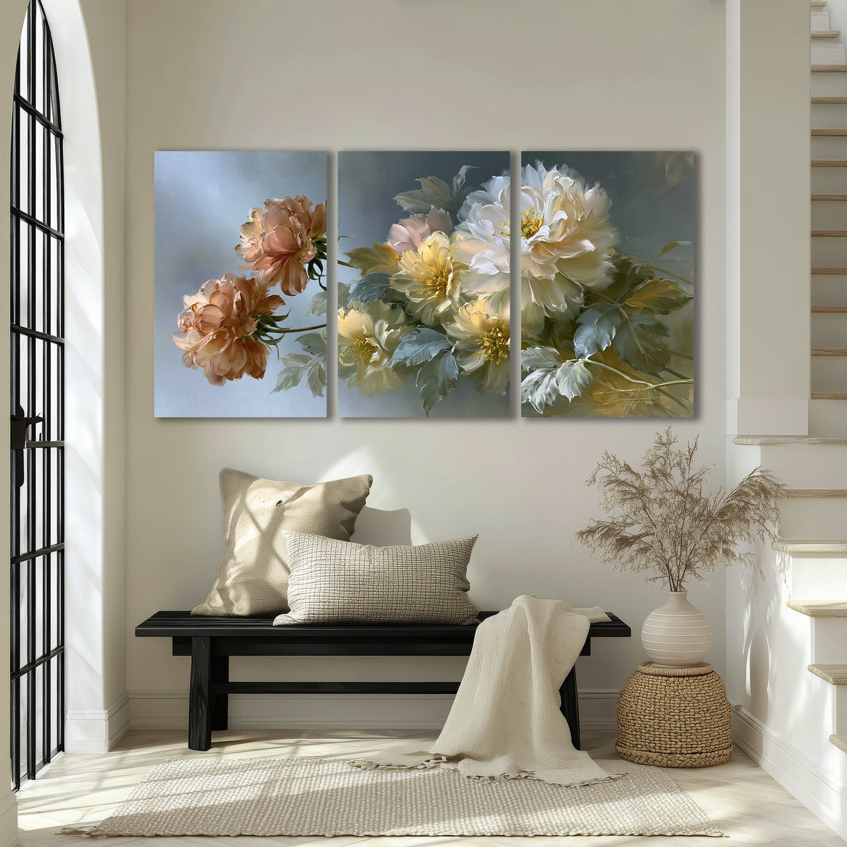 Cream, blush and rust-colored garden flowers gathered against a muted blue-gray background 3 piece canvas wall art displayed in a entryway