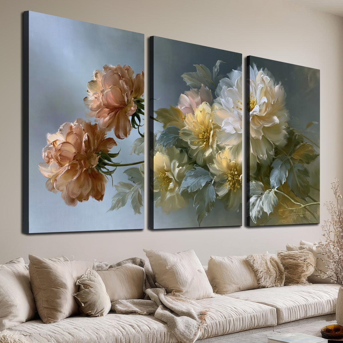Cream, blush and rust-colored garden flowers gathered against a muted blue-gray background 3 piece canvas wall art room and product view