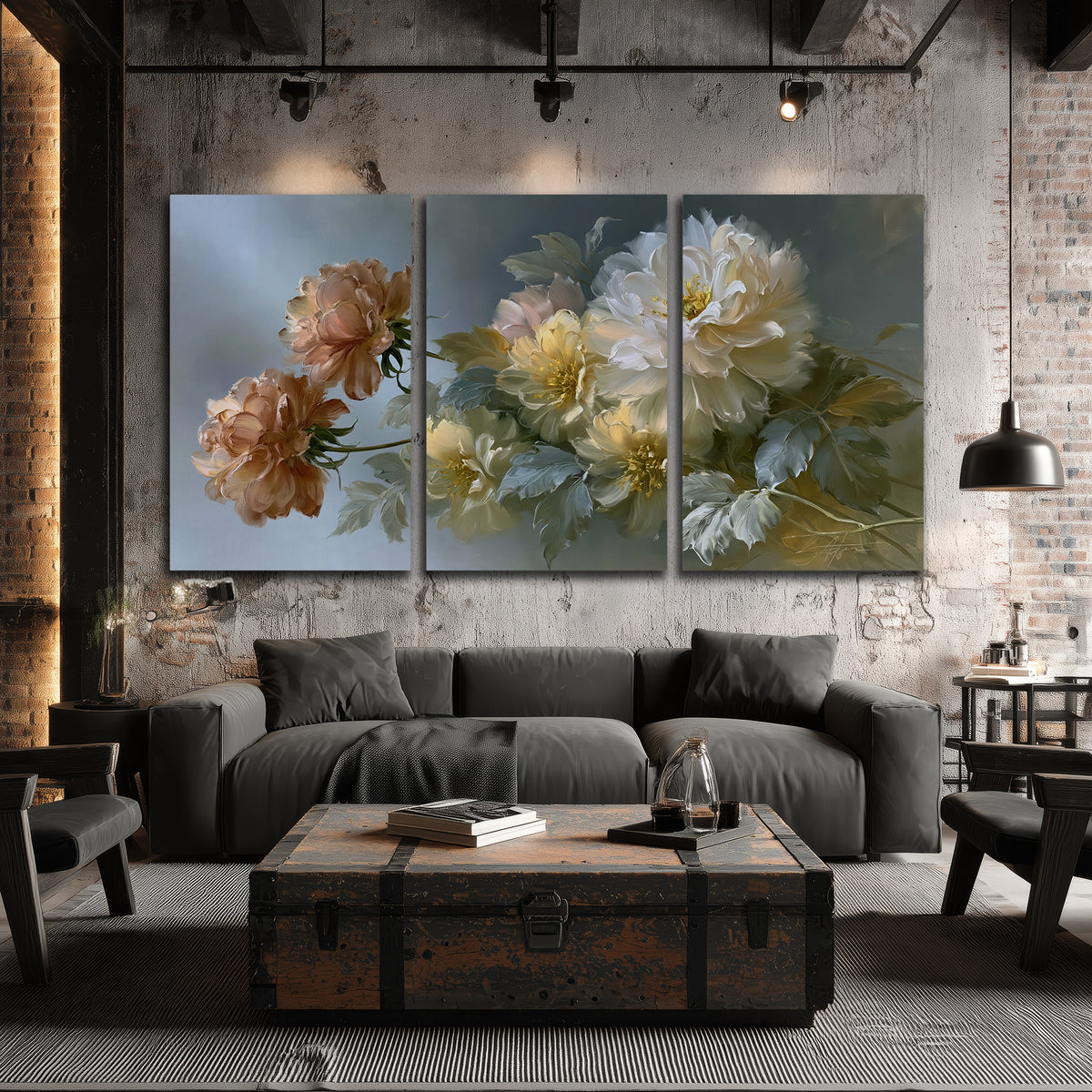 Cream, blush and rust-colored garden flowers gathered against a muted blue-gray background 3 piece canvas wall art displayed in a industrial room