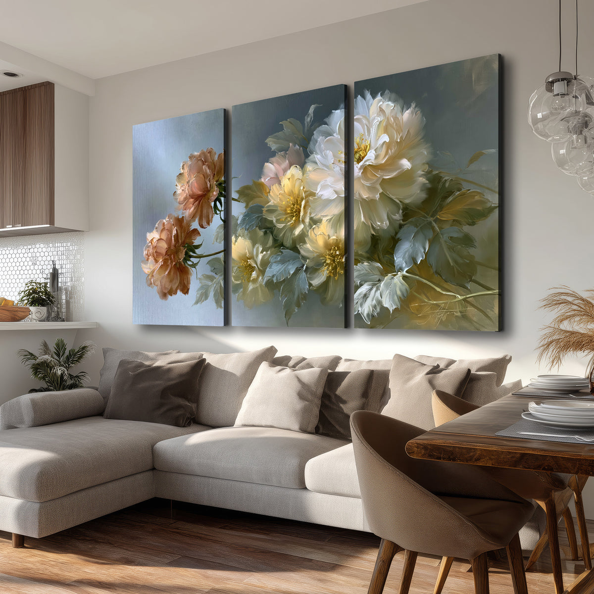 Cream, blush and rust-colored garden flowers gathered against a muted blue-gray background 3 piece canvas wall art room and product view