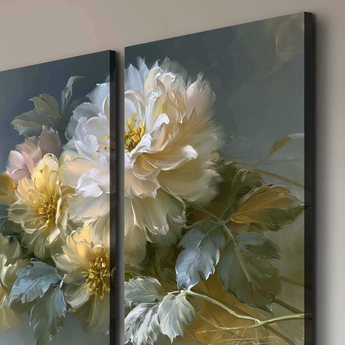 Cream, blush and rust-colored garden flowers gathered against a muted blue-gray background 3 piece canvas wall art room and product view