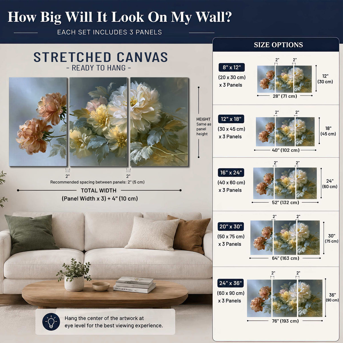 Cream, blush and rust-colored garden flowers gathered against a muted blue-gray background 3 piece canvas wall art size guide above a sofa; room view is illustrative