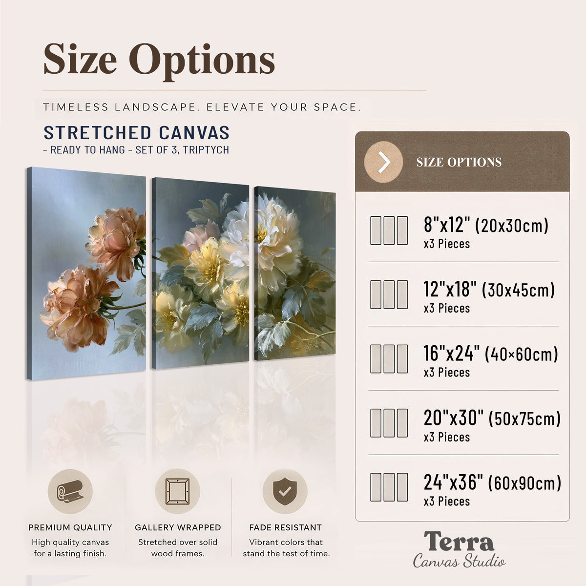 Cream, blush and rust-colored garden flowers gathered against a muted blue-gray background 3 piece canvas wall art available dimensions; triptych dimensions are per panel