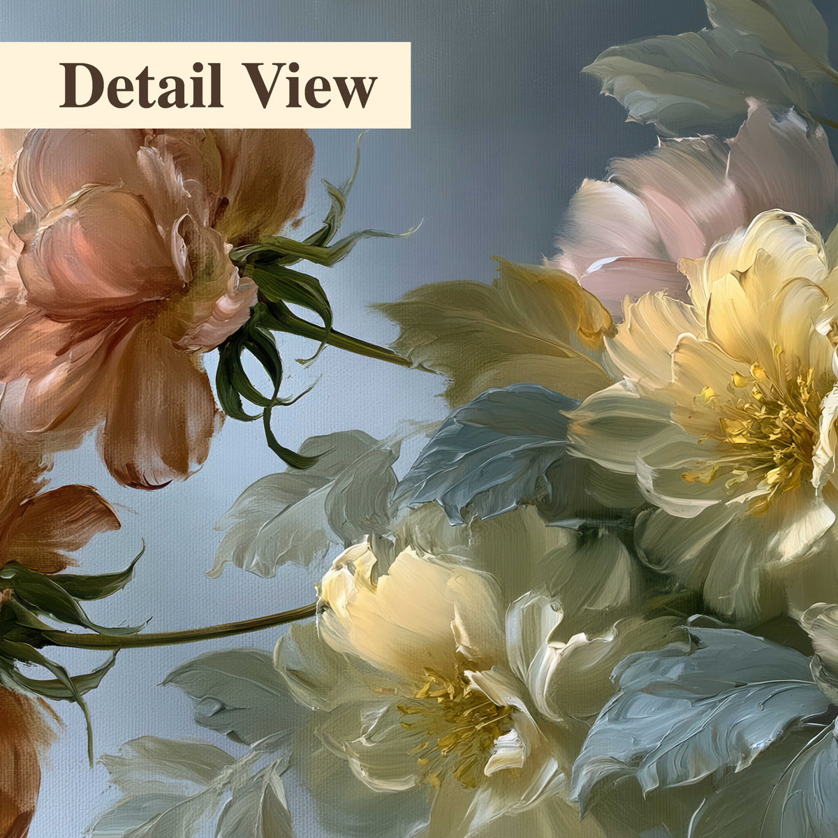 Cream, blush and rust-colored garden flowers gathered against a muted blue-gray background 3 piece canvas wall art artwork detail close up