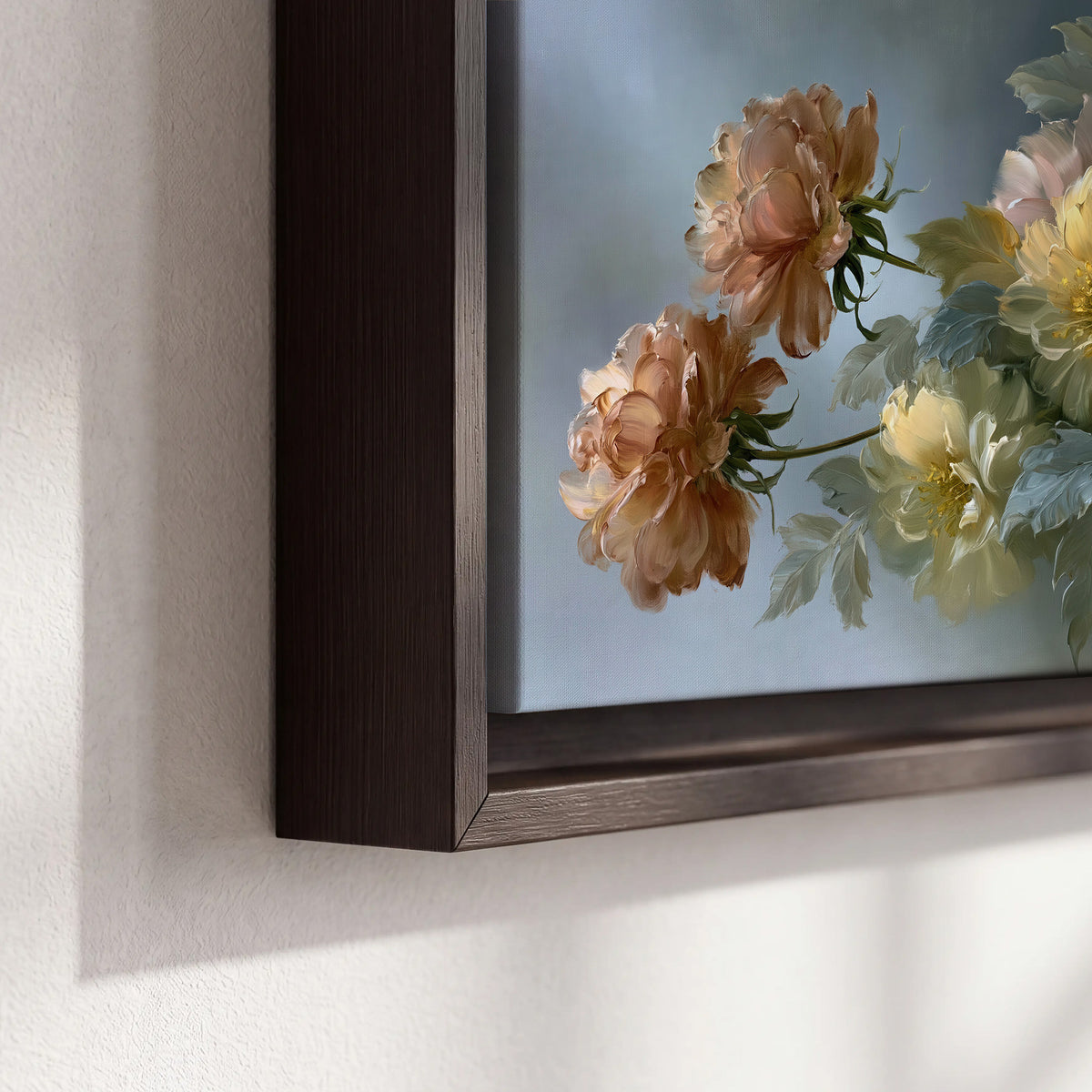 Cream, blush and rust-colored garden flowers gathered against a muted blue-gray background 3 piece framed canvas wall art material and edge close up