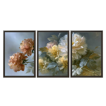 Cream, blush and rust-colored garden flowers gathered against a muted blue-gray background 3 piece framed canvas wall art viewed straight on