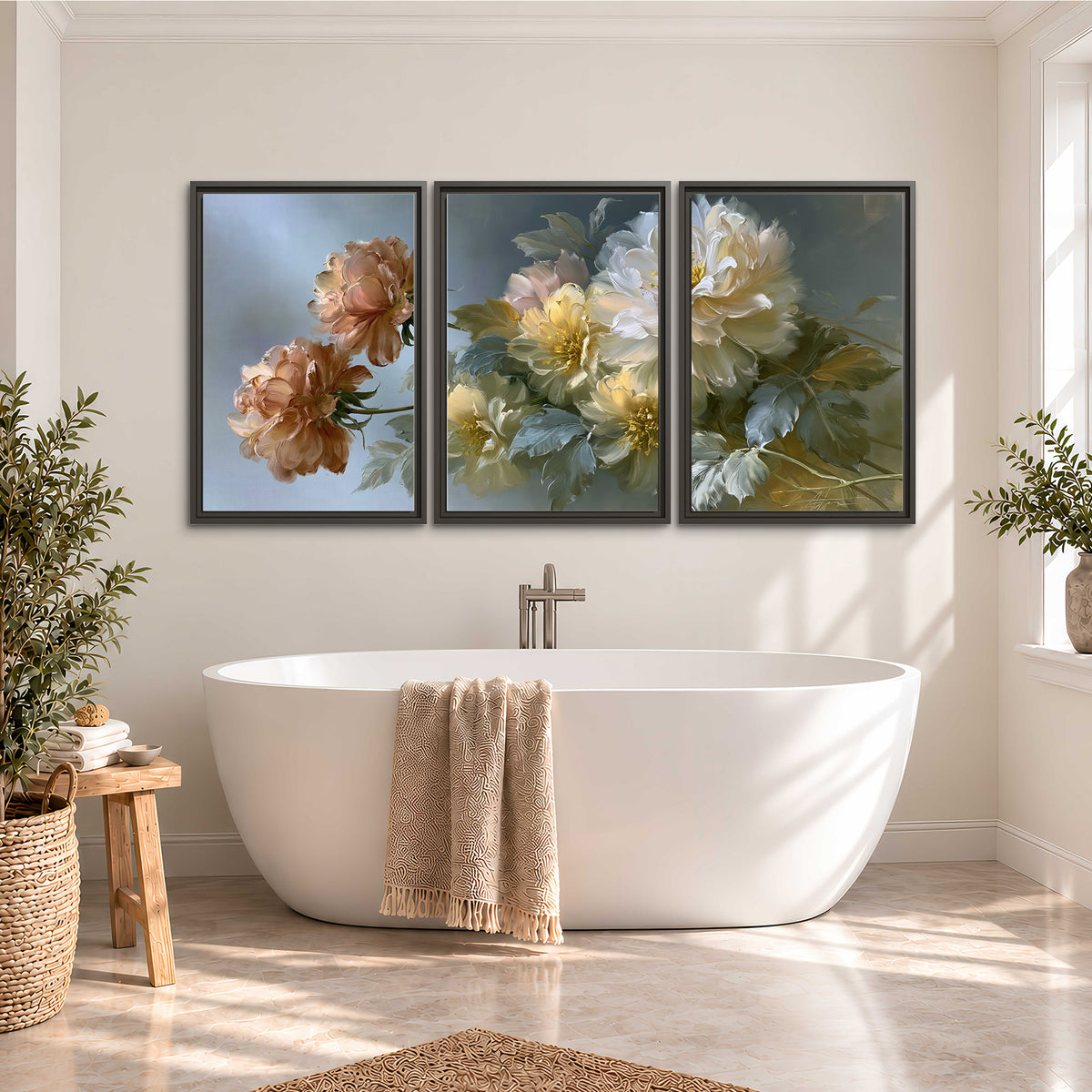 Cream, blush and rust-colored garden flowers gathered against a muted blue-gray background 3 piece framed canvas wall art styled in an interior