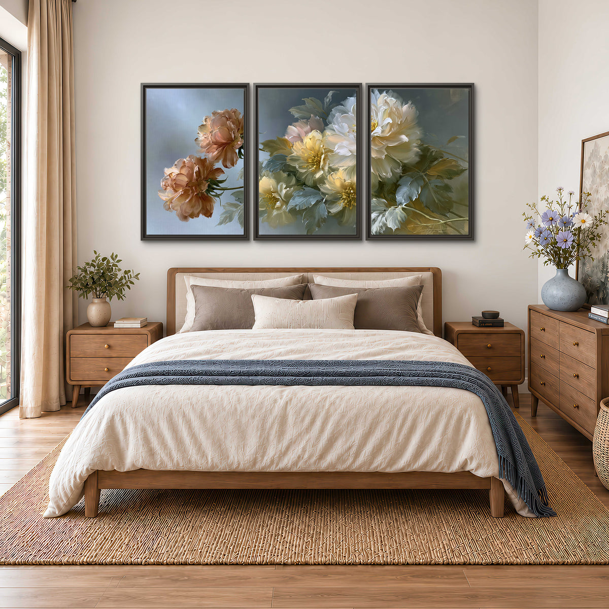 Cream, blush and rust-colored garden flowers gathered against a muted blue-gray background 3 piece framed canvas wall art styled in an interior