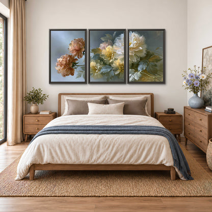 Cream, blush and rust-colored garden flowers gathered against a muted blue-gray background 3 piece framed canvas wall art styled in an interior