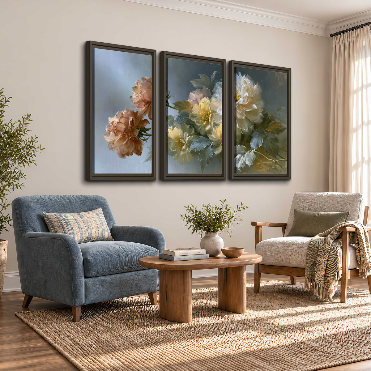 Cream, blush and rust-colored garden flowers gathered against a muted blue-gray background 3 piece framed canvas wall art styled in an interior