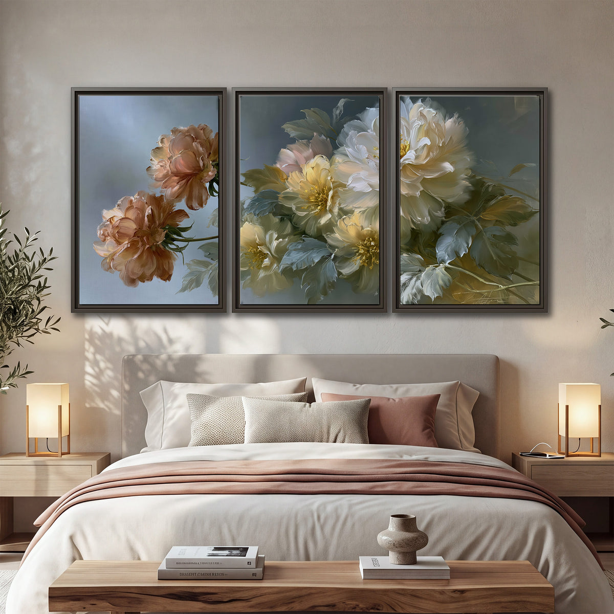 Cream, blush and rust-colored garden flowers gathered against a muted blue-gray background 3 piece framed canvas wall art displayed in a bedroom