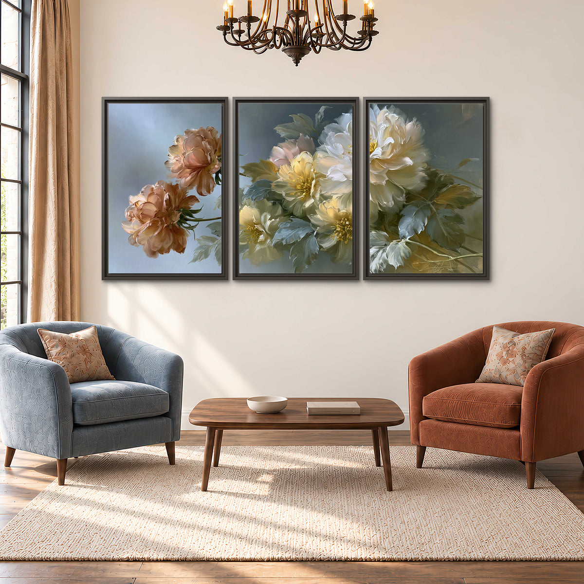 Cream, blush and rust-colored garden flowers gathered against a muted blue-gray background 3 piece framed canvas wall art styled in an interior