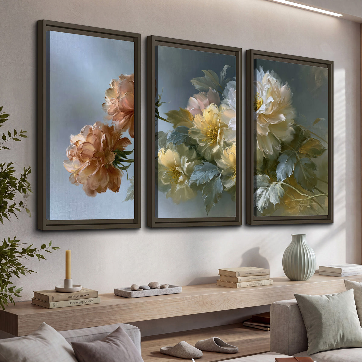 Cream, blush and rust-colored garden flowers gathered against a muted blue-gray background 3 piece framed canvas wall art displayed in a console
