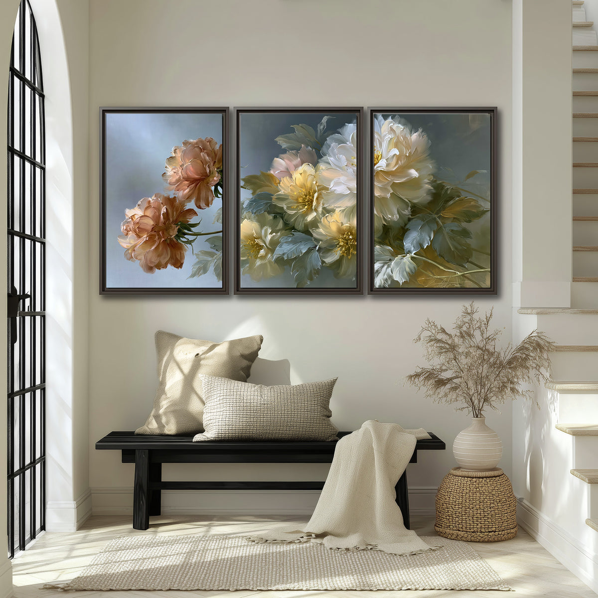 Cream, blush and rust-colored garden flowers gathered against a muted blue-gray background 3 piece framed canvas wall art displayed in a entryway