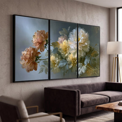 Cream, blush and rust-colored garden flowers gathered against a muted blue-gray background 3 piece framed canvas wall art displayed in a modern living room